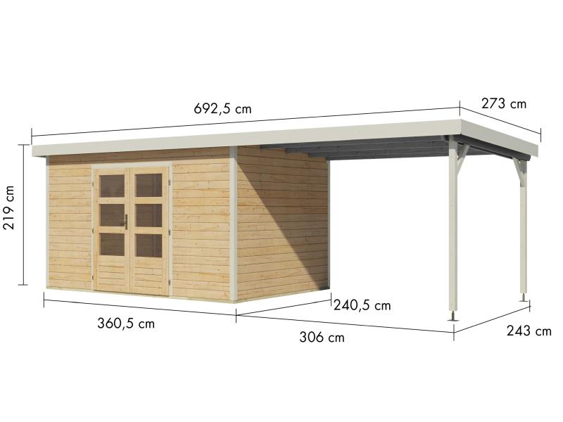 Karibu Hybrid Gartenhaus Pluto 7 A, naturbelassen/weiß, inkl. 3 m Anbaudach