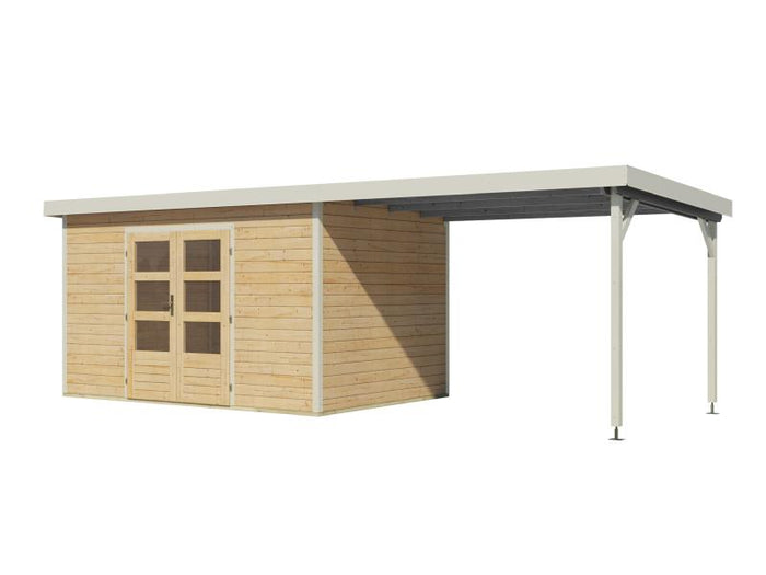 Karibu Hybrid Gartenhaus Pluto 7 A, naturbelassen/weiß, inkl. 3 m Anbaudach