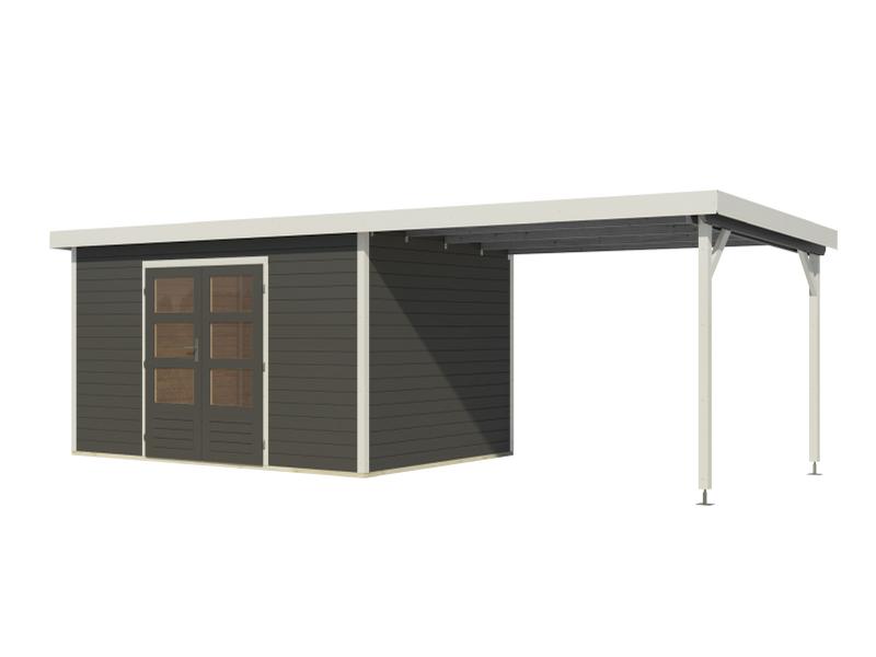 Karibu Hybrid Gartenhaus Pluto 7 B, terragrau/weiß, inkl. 3 m Anbaudach