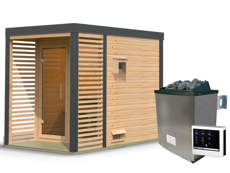 Karibu Hybrid Saunahaus Ares 1, naturbelassen/anthrazit -inkl. 9 kW Ofen ext. Steuerung-