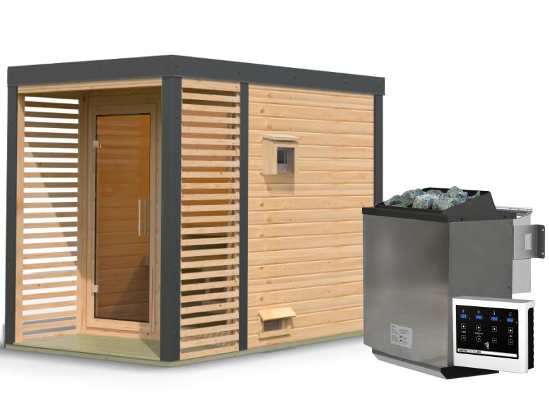 Karibu Hybrid Saunahaus Ares 1, naturbelassen/anthrazit -inkl. 9 kW Bioofen ext. Steuerung-