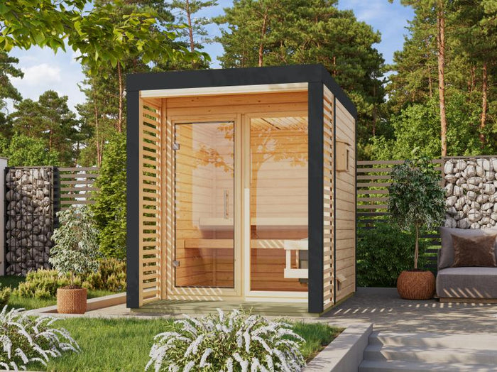 Karibu Hybrid Saunahaus Ares 1, naturbelassen/anthrazit -inkl. 9 kW Bioofen ext. Steuerung-