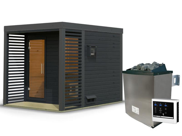 Karibu Hybrid Saunahaus Ares 2, anthrazit/anthrazit -inkl. 9 kW Ofen ext. Steuerung-