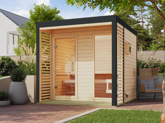 Karibu Hybrid Saunahaus Ares 2, naturbelassen/anthrazit -inkl. 9 kW Ofen ext. Steuerung-