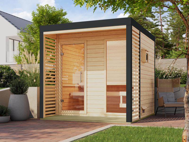 Karibu Hybrid Saunahaus Ares 2, naturbelassen/anthrazit -inkl. 9 kW Bioofen ext. Steuerung-