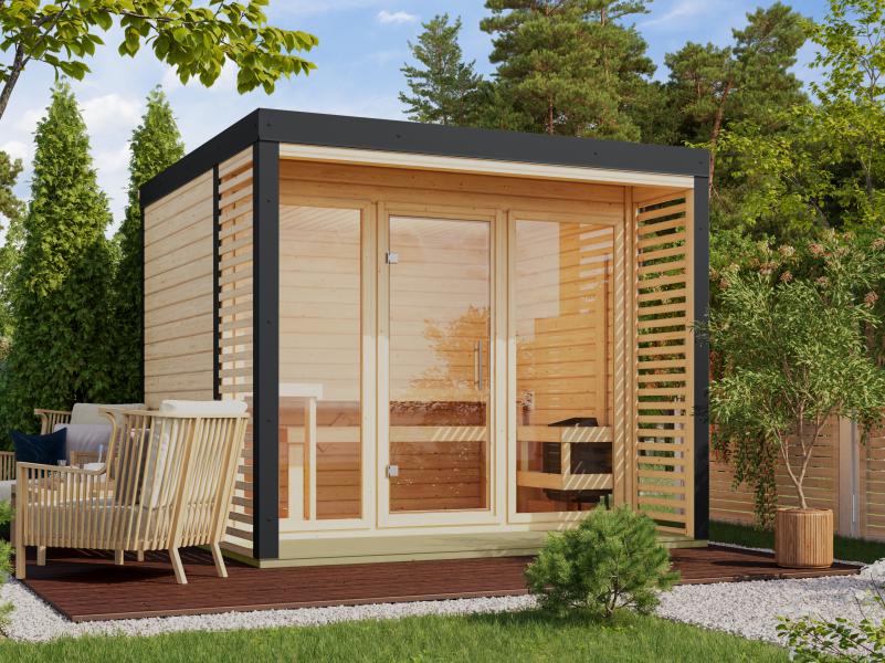 Karibu Hybrid Saunahaus Ares 3, naturbelassen/anthrazit -inkl. 9 kW Ofen ext. Steuerung-
