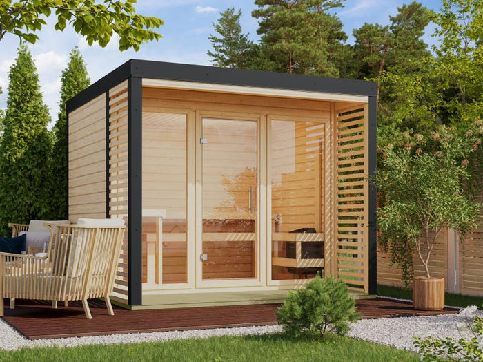 Karibu Hybrid Saunahaus Ares 3, naturbelassen/anthrazit -inkl. 9 kW Bioofen ext. Steuerung-