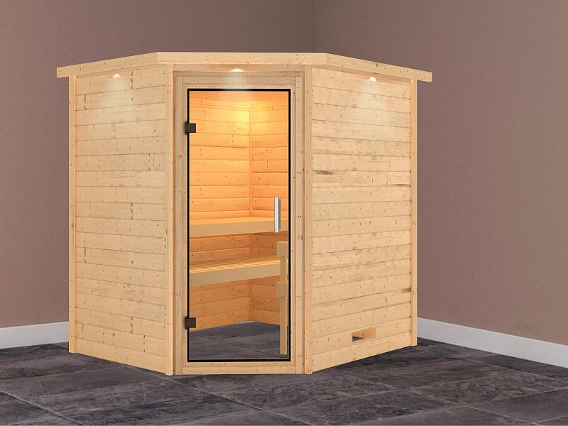 Karibu Massivholzsauna Mia 38 mm mit Klarglas Saunatür, mit Dachkranz