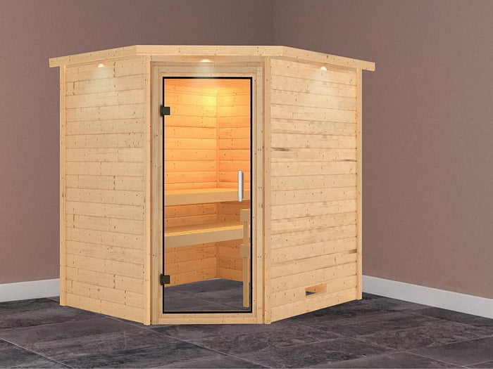 Karibu Massivholzsauna Mia 38 mm mit Klarglas Saunatür, mit Dachkranz