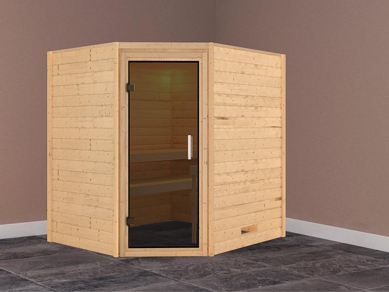 Karibu Massivholzsauna Mia 38 mm mit moderner Saunatür, ohne Dachkranz