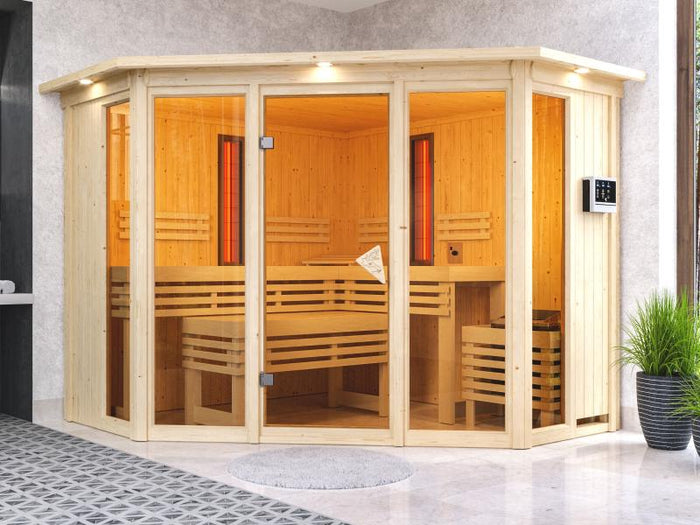 Karibu Multifunktions-Sauna Asta mit Dachkranz, 9 kW Ofen und Infrarotstrahler