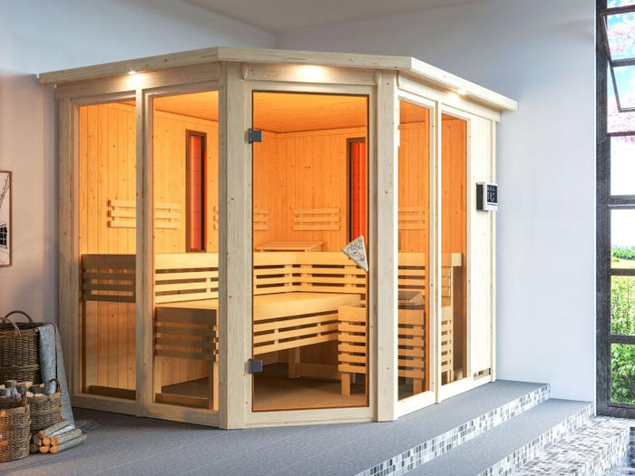 Karibu Multifunktions-Sauna Ava mit Dachkranz, 9 kW Ofen und Infrarotstrahler