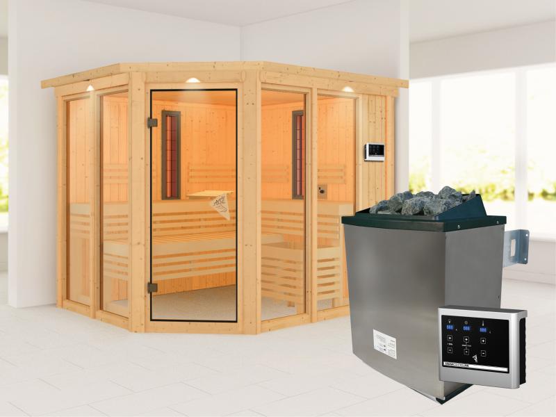 Karibu Multifunktions-Sauna Ava mit Dachkranz, 9 kW Ofen und Infrarotstrahler
