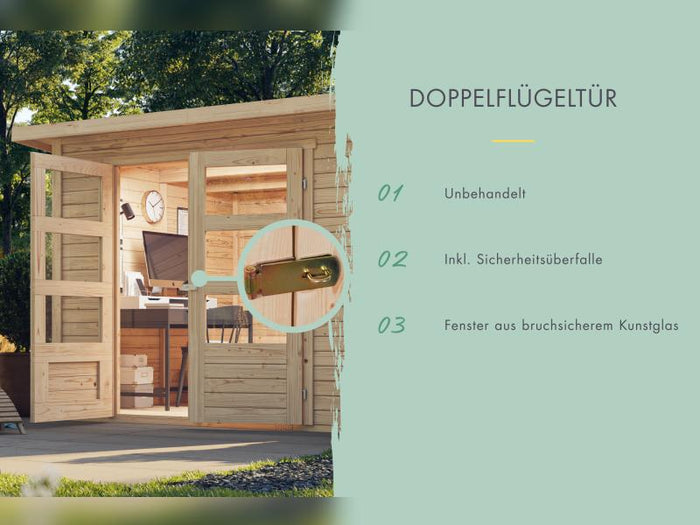 Karibu Multifunktionshaus Pultdach mit Schrank und Anbaudach 19 mm