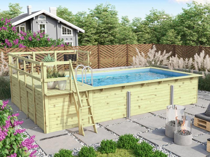 Karibu Rechteck Pool Größe 3 im Set inkl. Filterpaket, Terrrasse 3,5 m und Seitenterrasse