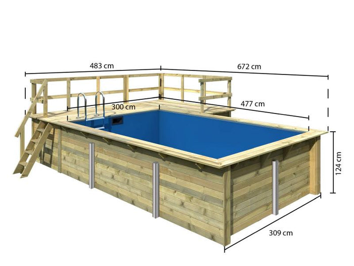 Karibu Rechteck Pool Größe 3 im Set inkl. Filterpaket, Terrrasse 3,5 m und Seitenterrasse