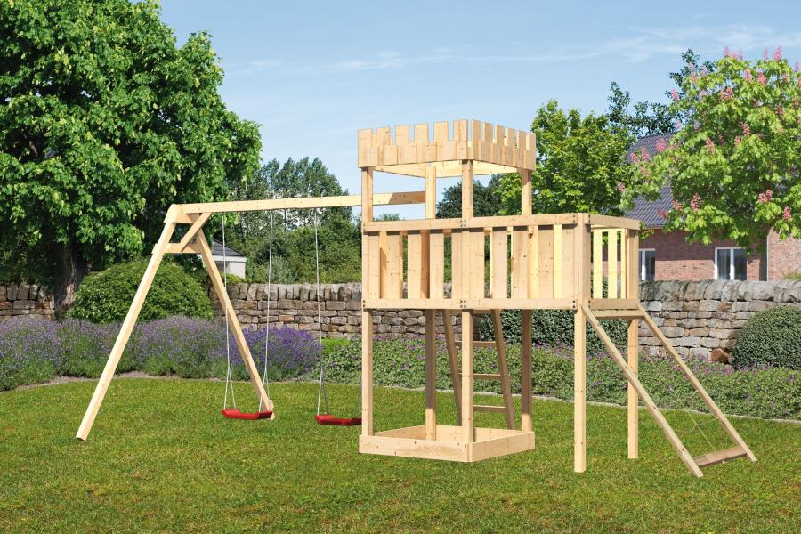 Karibu Ritterburg Löwenherz + Doppelschaukel + Anbauplattform + Netzrampe