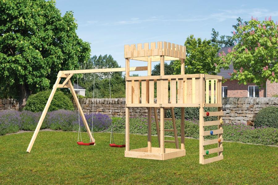Karibu Ritterburg Löwenherz + Doppelschaukel + Anbauplattform + Kletterwand