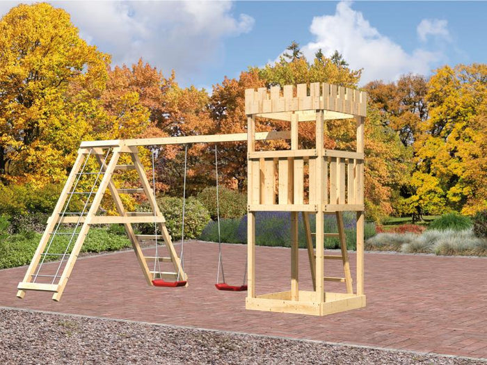 Karibu Ritterburg Löwenherz + Doppelschaukelanbau Klettergerüst