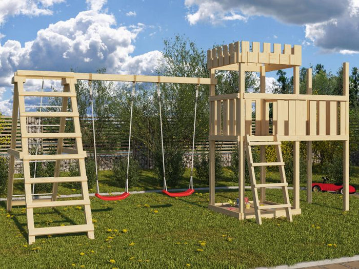 Karibu Ritterburg Löwenherz + Doppelschaukelanbau Klettergerüst + Anbauplattform