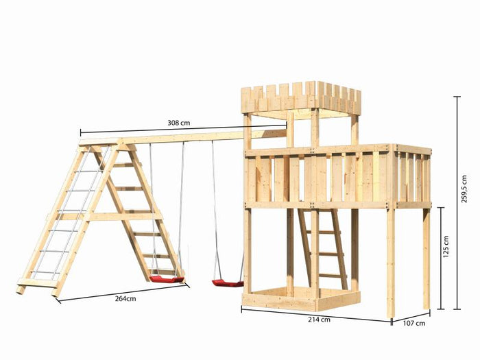 Karibu Ritterburg Löwenherz + Doppelschaukelanbau Klettergerüst + Anbauplattform
