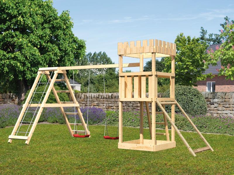 Karibu Ritterburg Löwenherz + Doppelschaukelanbau Klettergerüst + Netzrampe