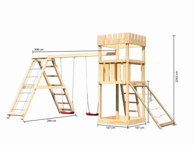 Karibu Ritterburg Löwenherz + Doppelschaukelanbau Klettergerüst + Netzrampe