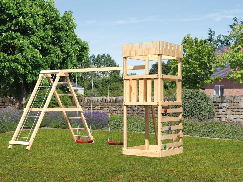 Karibu Ritterburg Löwenherz + Doppelschaukelanbau Klettergerüst + Kletterwand