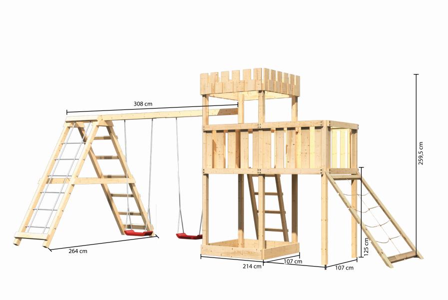 Karibu Ritterburg Löwenherz + Doppelschaukelanbau Klettergerüst + Anbauplattform + Netzrampe