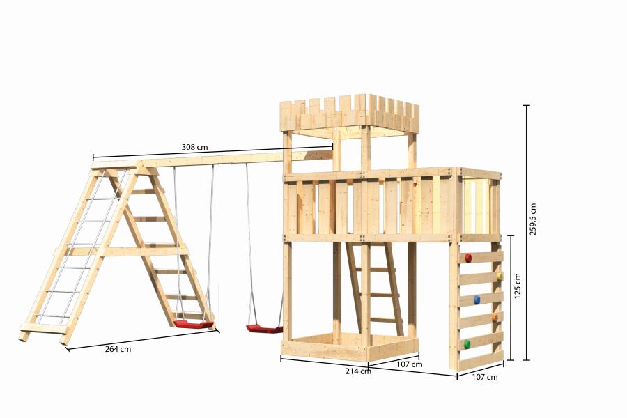 Karibu Ritterburg Löwenherz + Doppelschaukelanbau Klettergerüst + Anbauplattform + Kletterwand