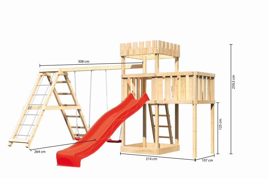 Karibu Ritterburg Löwenherz + Rutsche + Doppelschaukelanbau Klettergerüst + Anbauplattform