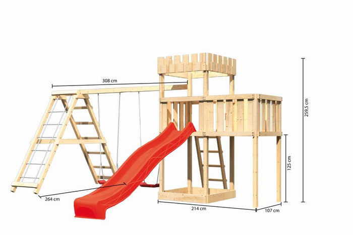 Karibu Ritterburg Löwenherz + Rutsche + Doppelschaukelanbau Klettergerüst + Anbauplattform