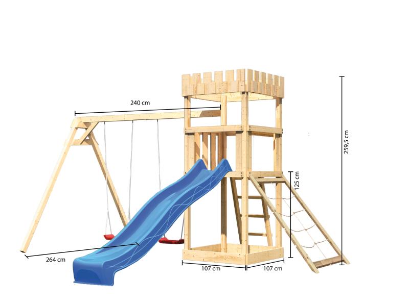 Karibu Ritterburg Löwenherz + Rutsche + Doppelschaukel + Netzrampe