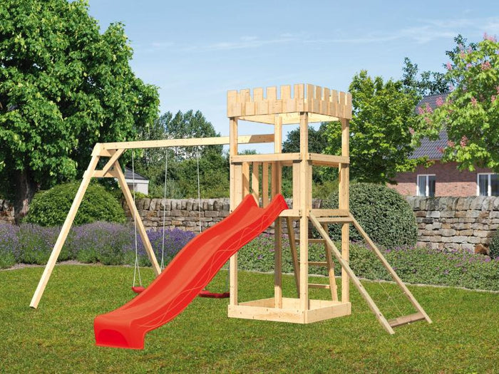 Karibu Ritterburg Löwenherz + Rutsche + Doppelschaukel + Netzrampe