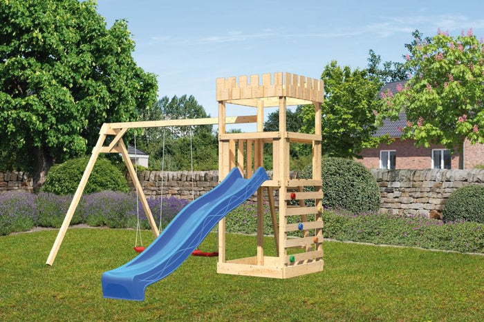 Karibu Ritterburg Löwenherz + Rutsche + Doppelschaukel + Kletterwand