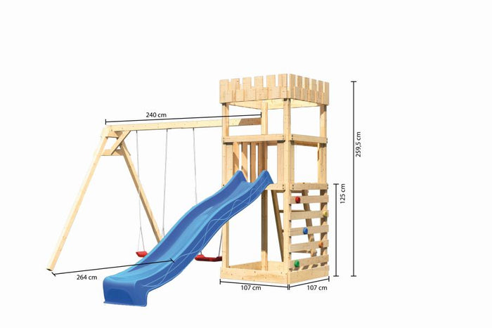 Karibu Ritterburg Löwenherz + Rutsche + Doppelschaukel + Kletterwand