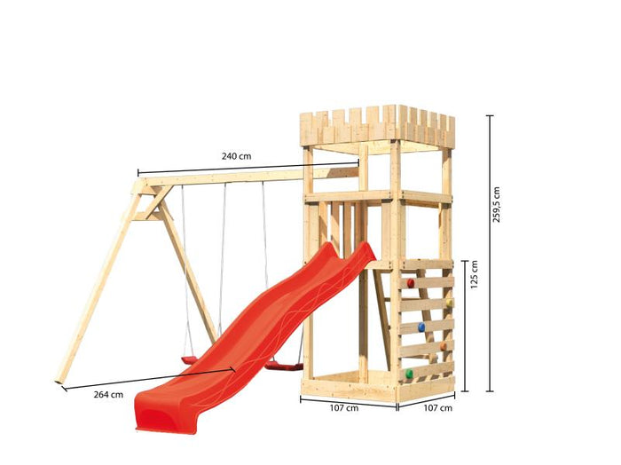 Karibu Ritterburg Löwenherz + Rutsche + Doppelschaukel + Kletterwand