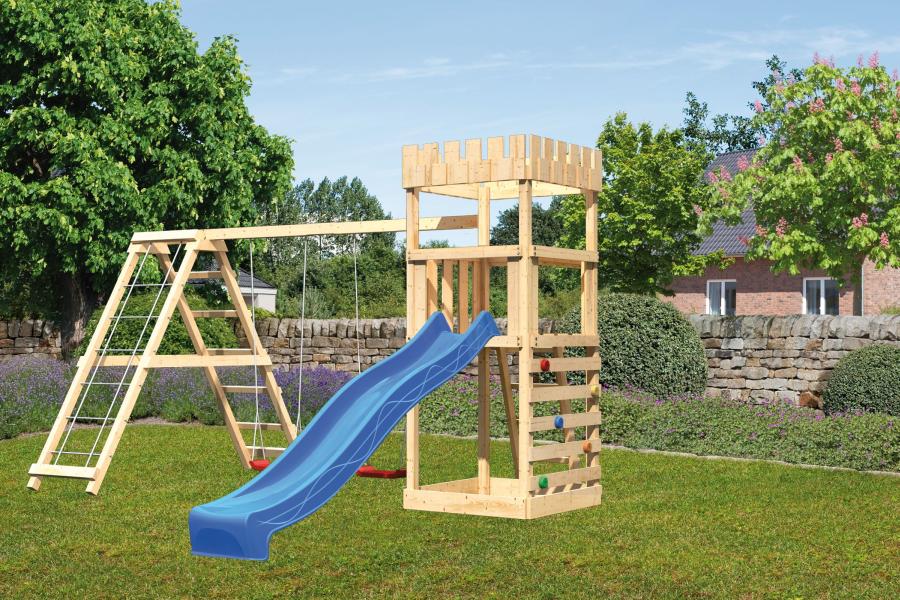 Karibu Ritterburg Löwenherz + Rutsche + Doppelschaukelanbau Klettergerüst + Kletterwand