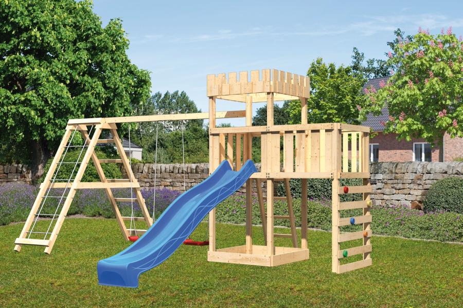 Karibu Ritterburg Löwenherz + Rutsche + Doppelschaukelanbau Klettergerüst + Anbauplattform + Kletter