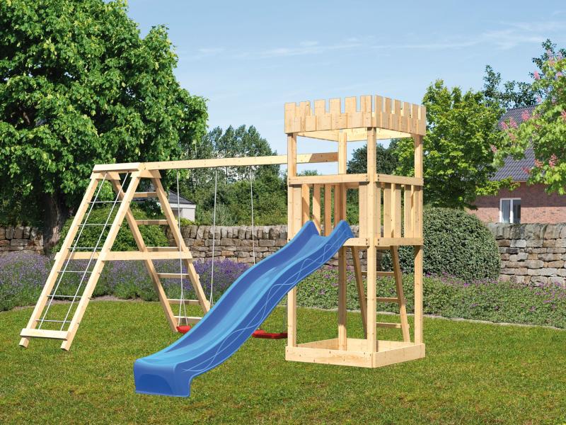 Karibu Ritterburg Löwenherz + Rutsche blau + Doppelschaukelanbau Klettergerüst