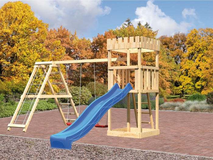 Karibu Ritterburg Löwenherz + Rutsche blau + Doppelschaukelanbau Klettergerüst