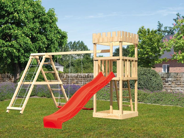 Karibu Ritterburg Löwenherz + Rutsche rot + Doppelschaukelanbau Klettergerüst