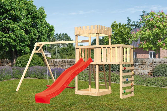 Karibu Ritterburg Löwenherz +Rutsche + Doppelschaukel + Anbauplattform + Kletterwand