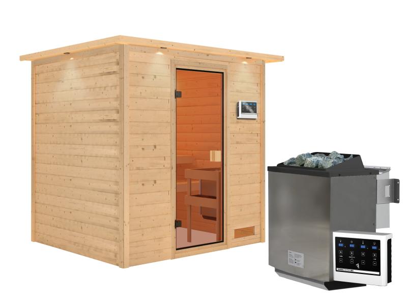Karibu Sauna Adelina inkl. 9 kW Bioofen ext. Steuerung mit klassischer Saunatür -mit Dachkranz-