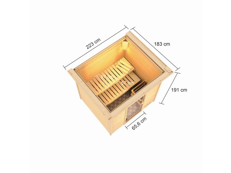 Karibu Sauna Adelina inkl. 9 kW Bioofen ext. Steuerung mit klassischer Saunatür -mit Dachkranz-