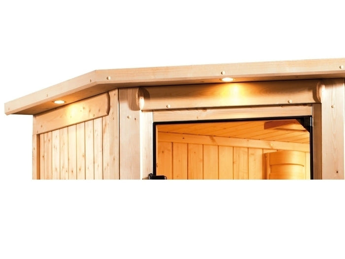 Karibu Sauna Adelina inkl. 9 kW Bioofen ext. Steuerung mit klassischer Saunatür -mit Dachkranz-