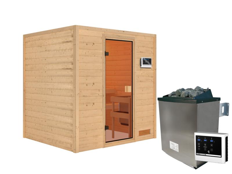 Karibu Sauna Adelina inkl. 9 kW Ofen ext. Steuerung mit klassischer Saunatür -ohne Dachkranz-