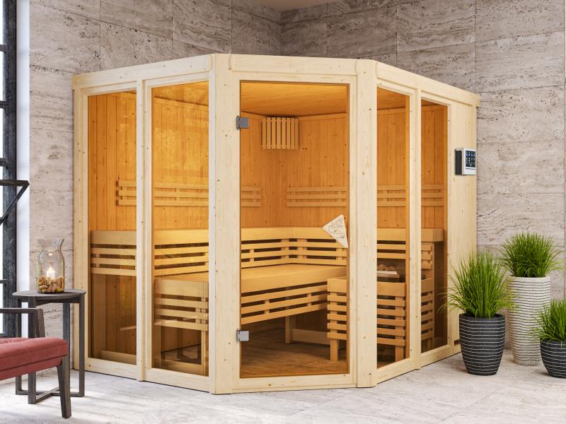 Karibu Sauna Ainur mit 9 kW Bioofen Ext. Strg  68 mm