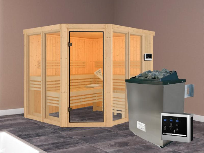 Karibu Sauna Ainur mit 9 kW Ofen Ext. Strg  68 mm