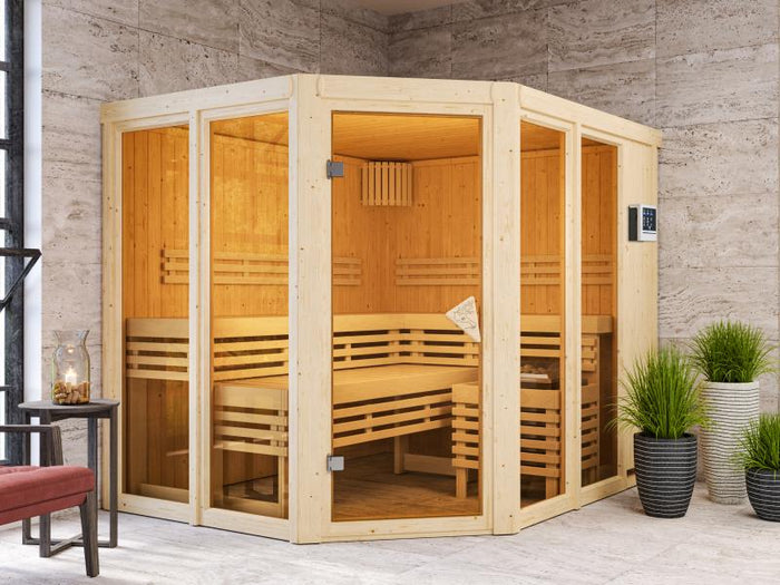 Karibu Sauna Ainur mit 9 kW Ofen Ext. Strg  68 mm